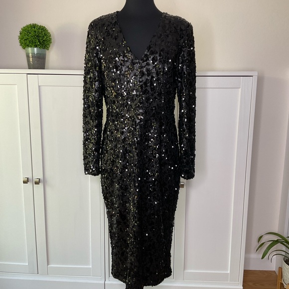 Dress the Population V-Neck Sequin Midi Dress Black Size XL - Picture 3 of 16